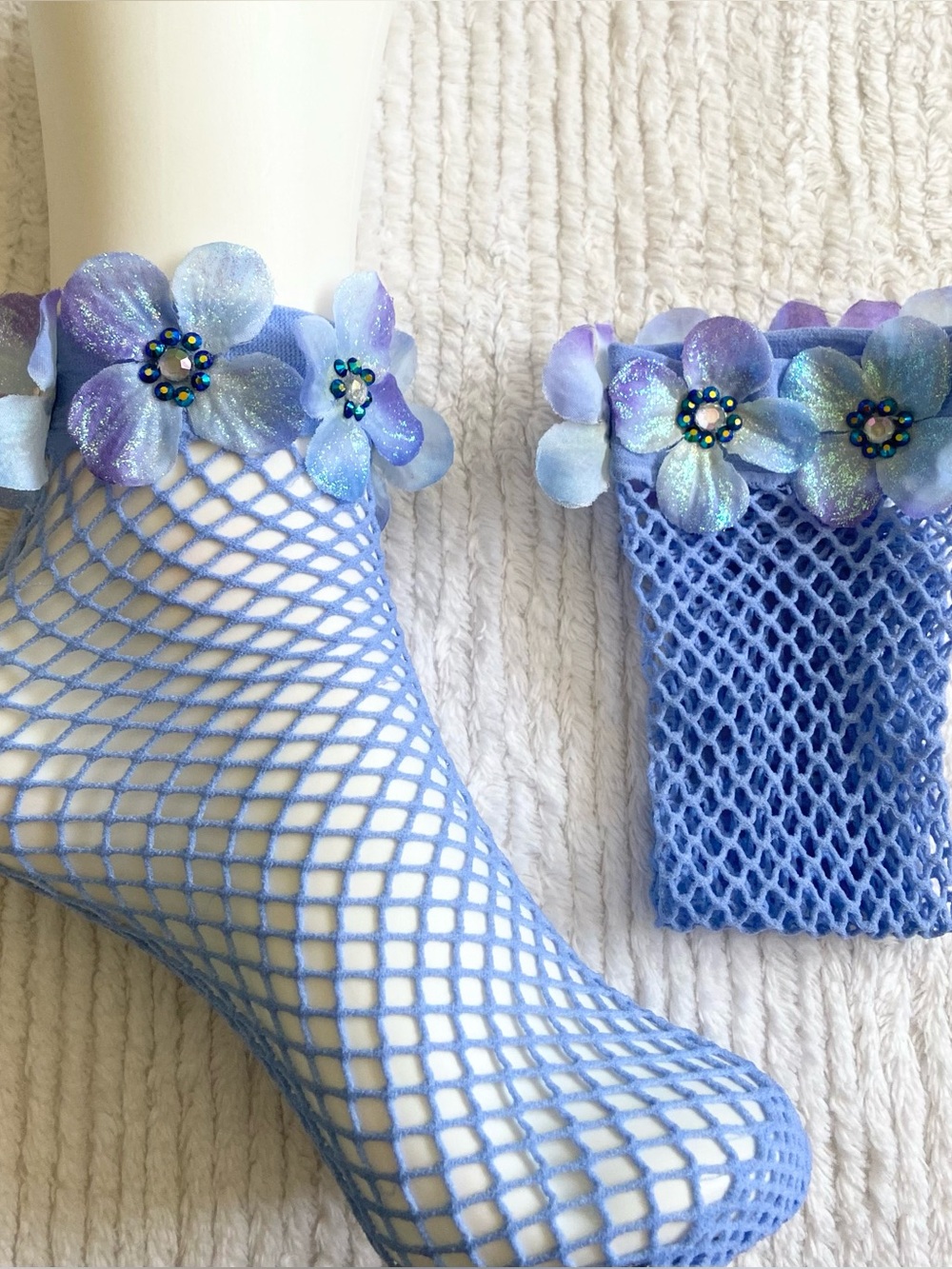 Fishnet Ankle Socks BLUE Wedding Prom Anklets Rhinestone Flower Embellished